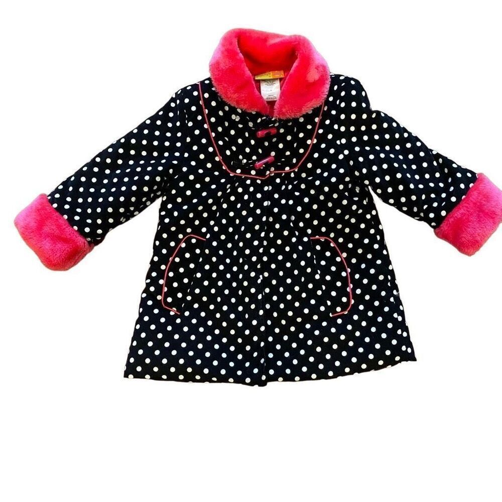Penelope Mack Ltd Black White  Polka Dot Pink Fur Trim Winter Coat Size 4